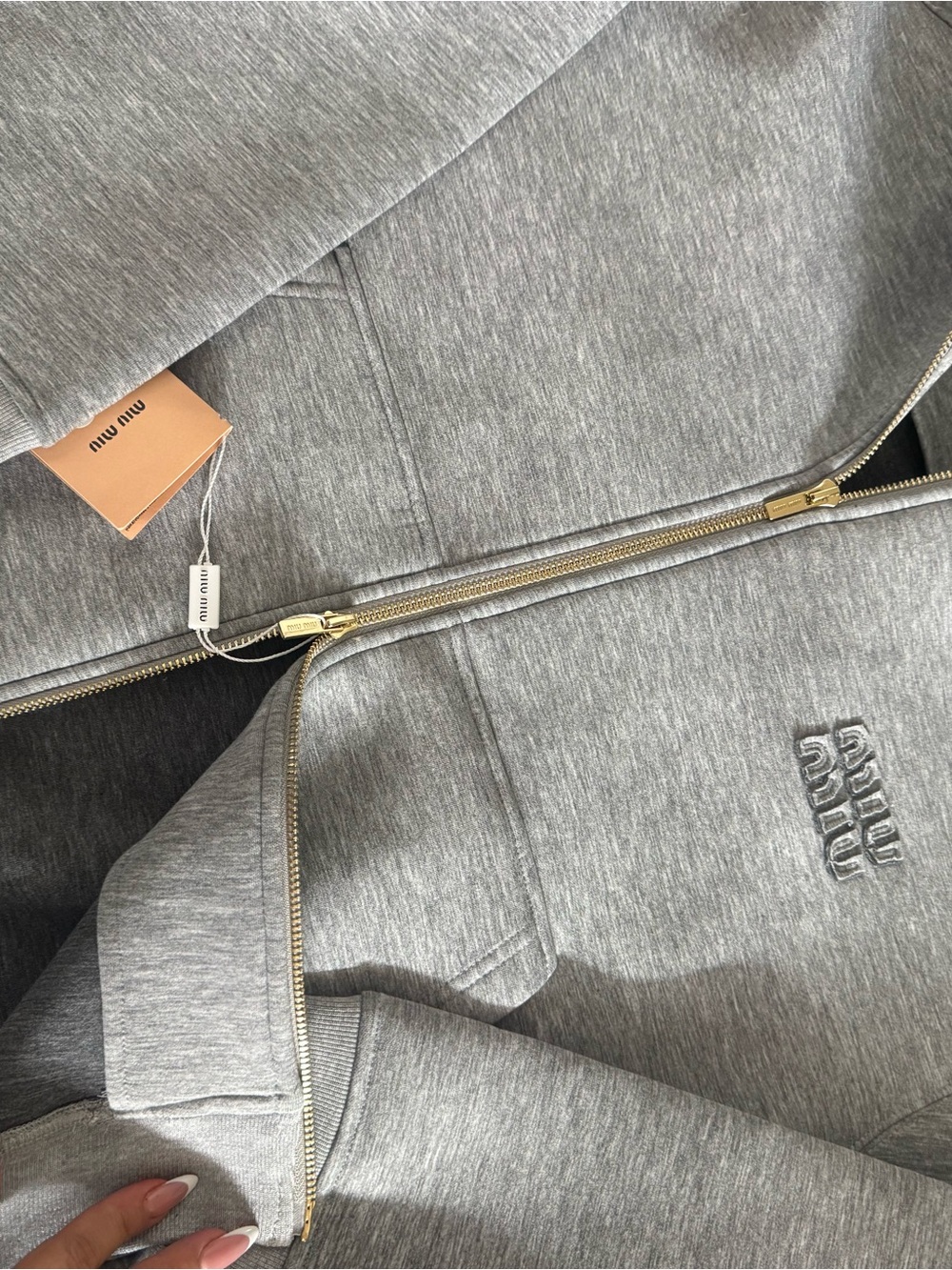 Miu Miu Light Gray Zip-Up Bomber Jacket with Gold Hardware